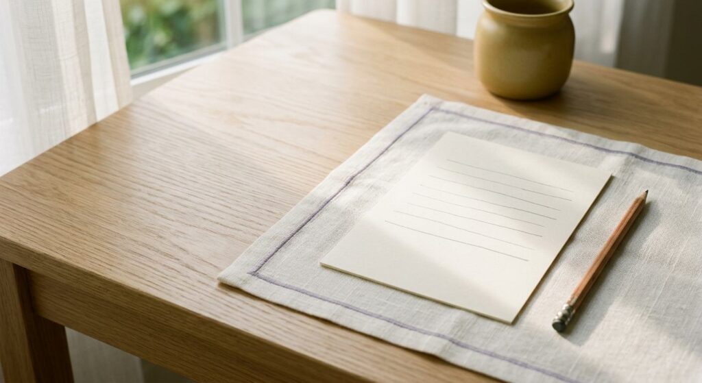 書きかけのメモと鉛筆が置かれた、静かな朝の机
