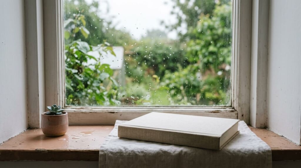 雨上がりの窓辺に置かれた一冊の本