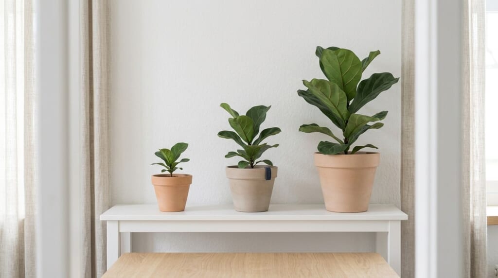 少しずつ大きくなる3つの植木鉢が並んだ棚