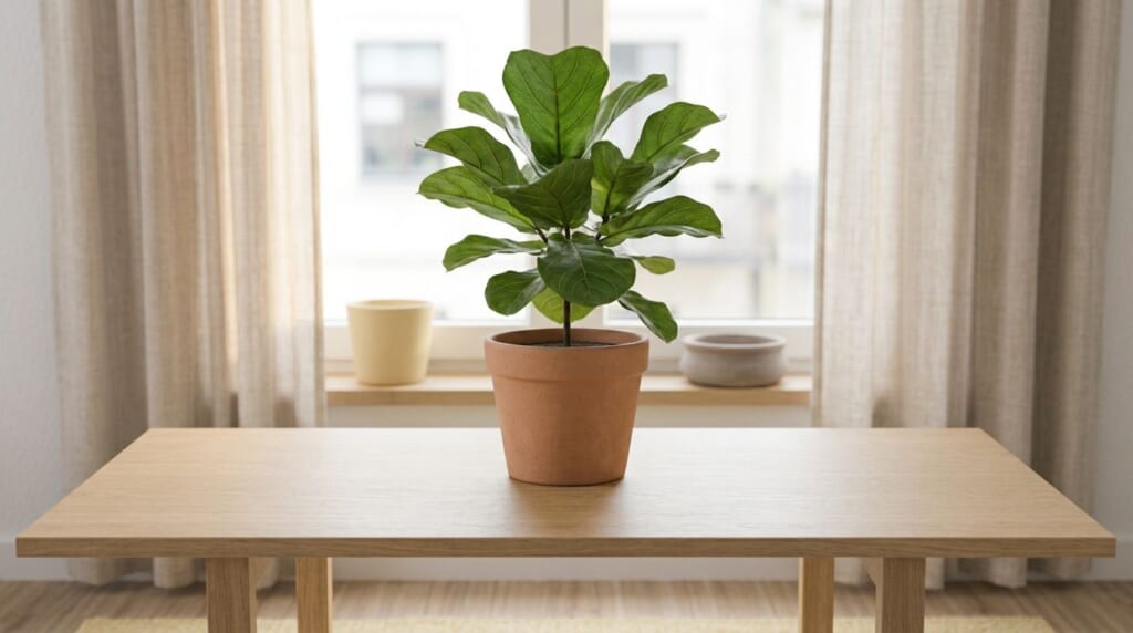朝の光の中、窓辺で葉を広げる鉢植えの植物