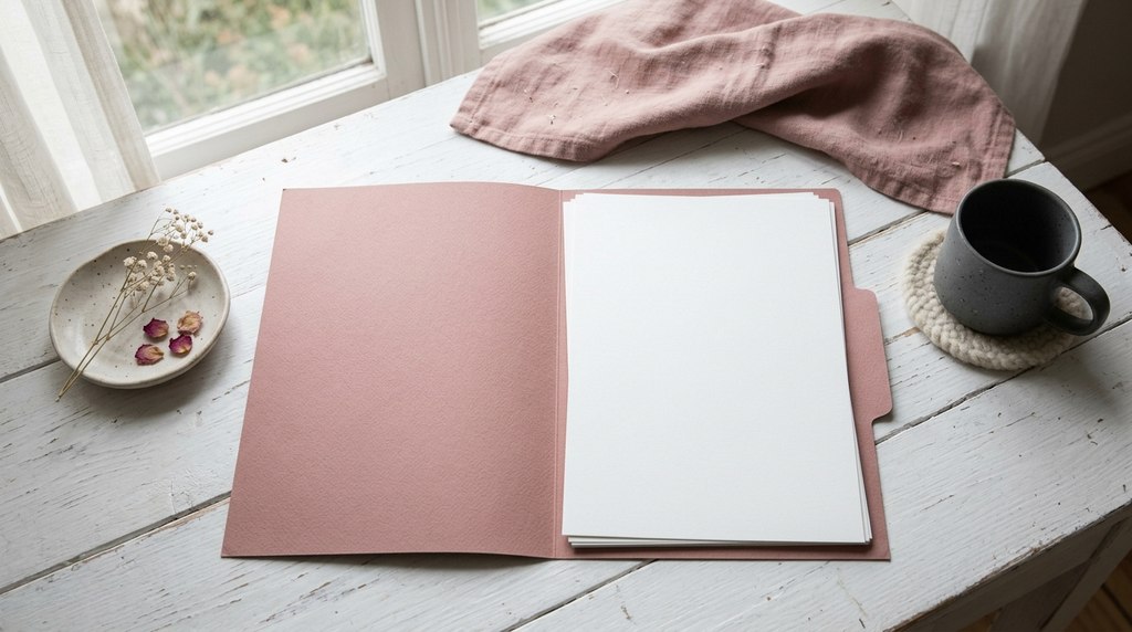 くすんだ桃色のフォルダーに、角をそろえて挟んだ書類