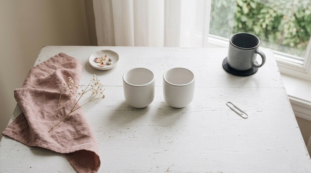 ベージュの壁の部屋で、白い机に向かい合わせに置かれた二つの湯のみ