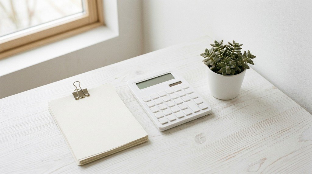 白い机の上に置かれた電卓と、クリップで留めた白い書類、小さな観葉植物の鉢