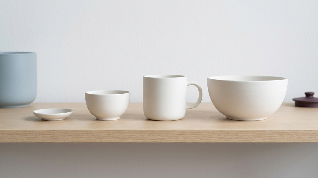 明るい木の棚に、大きさの違う4つの白い陶器の器が、小さいものから順に一列に並んでいる