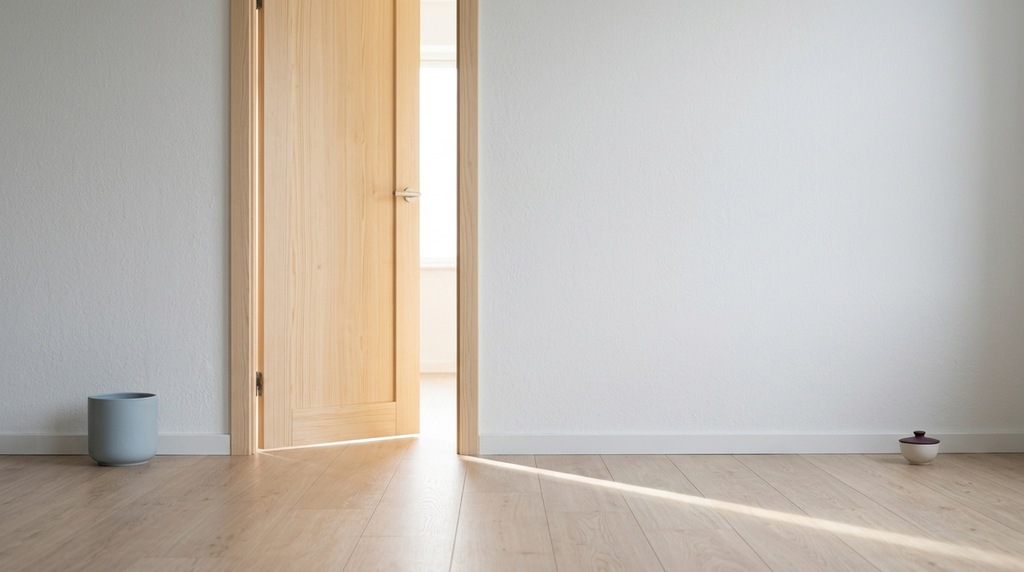 白い壁の部屋で、少し開いた明るい木の扉のすき間から、隣の部屋の光が床にこぼれている